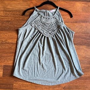 Bluetime grey tank top with crochet accents on front and button accent on back.